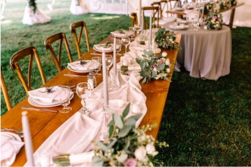 Outdoor Wedding Reception with harvest tables 